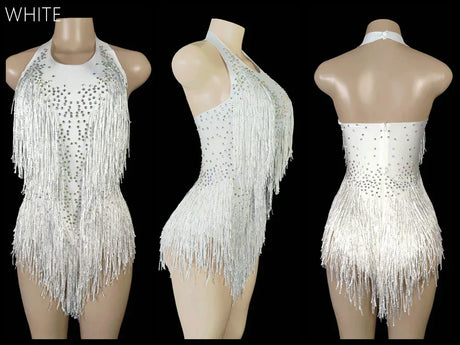 Sparkly Crystals Fringes Bodysuit Sexy Tassel Leotard Jazz