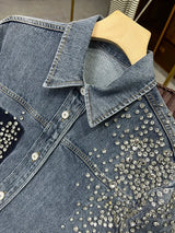Ieqj Diamonds Patchwork Denim Jackets For Women Lapel