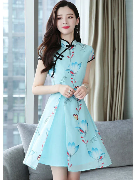 Summer New Modern Improved Cheongsam Chiffon Printing Vintage