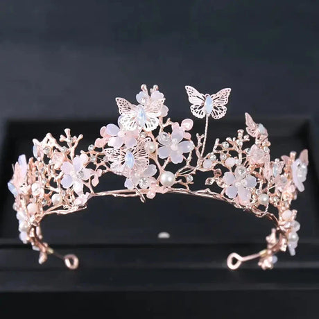 Handmade Bridal Pearl Rhinestone Crown Tiara Butterfly Floral