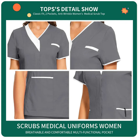 Nursing Scrubs Uniform Women Medical Tops Short Sleeve