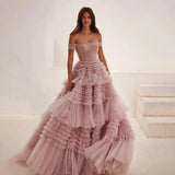 Off-the-Shoulder Layered A-Line Prom Dress - Pink Tulle Ruffles 2024