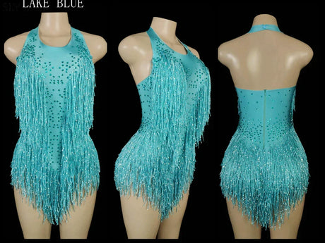 Sparkly Crystals Fringes Bodysuit Sexy Tassel Leotard Jazz