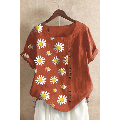 Daisy-Print Cotton Linen Shirt Casual Summer Women O-Neck