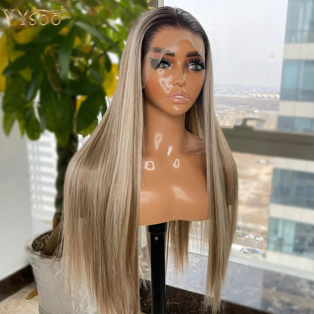 Yysoo Long Silky Straight Ombre Highlights Synthetic Wig