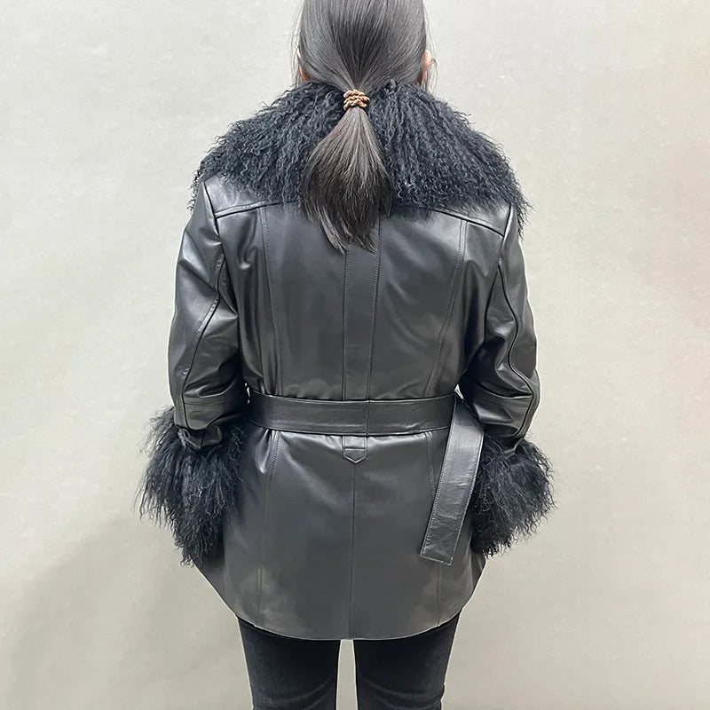 Lady Natural Mongolian Fur Leather Jacket Real Sheepskin