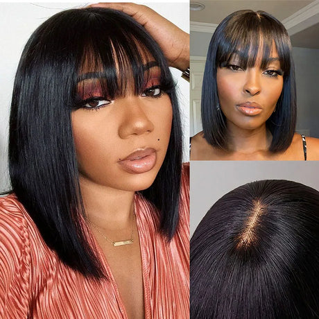 Short Bob Wig With Bangs Brazilian Straight Human