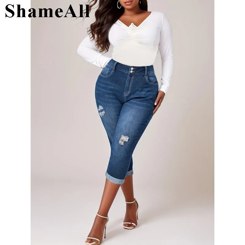 Women' Casual Jeans, Washed Button Fly Ripped Roll
