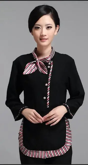 Long Sleeve Hotel Waiter Uniform Female Restaurant Top+Apron