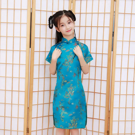 Summer Children Cheongsam Dragon Phoenix Embroidery Qipao Princess