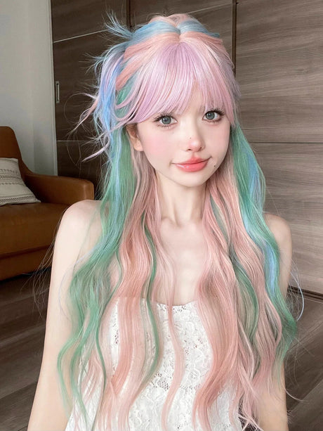 Iridescent Rainbow Color Multicolour Synthetic Wigs With Bang