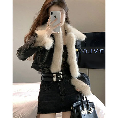 Gidyq Patchwork Fur Collar Denim Jacket Women Y2K