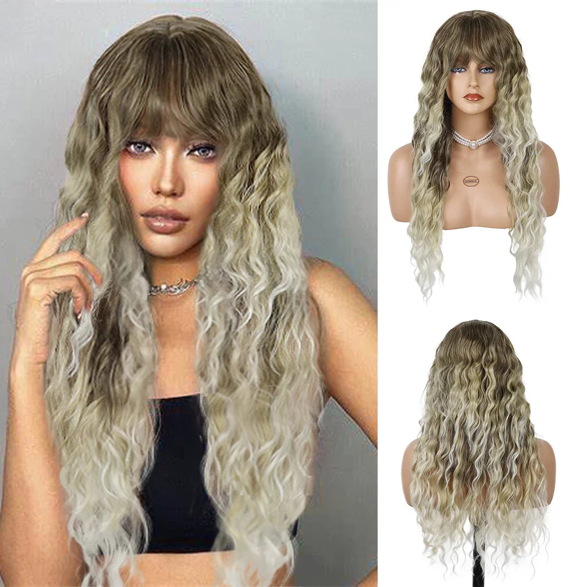 Synthetic Womens Wig Long Curly Hair Ash Blonde