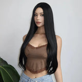 Natural Black Long Straight Synthetic Women Wigs Middle