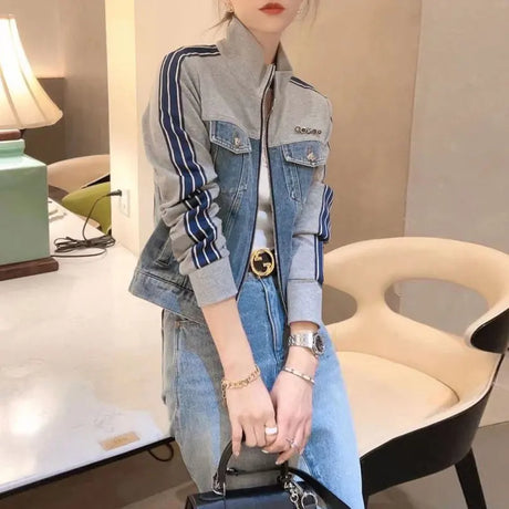 Female Clothing Vintage Spliced Denim Coats Spring Autumn