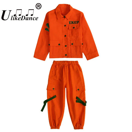 Kids Jazz Costumes Orange Long Sleeve Jacket Pants