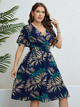 Floral Print Wrapped V-Neck Women Dresses Short Ruffle