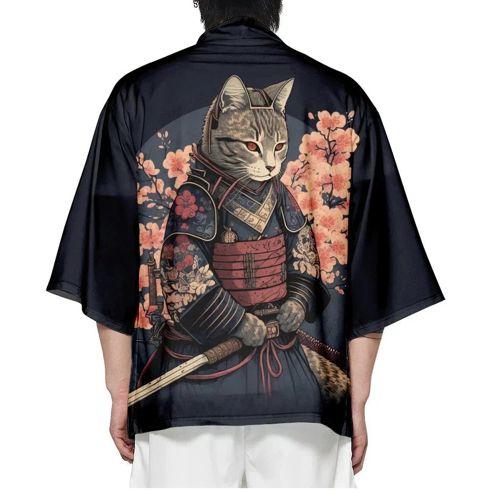 Japanese Sakura Cat Samurai Print Kimono Streetwear Men