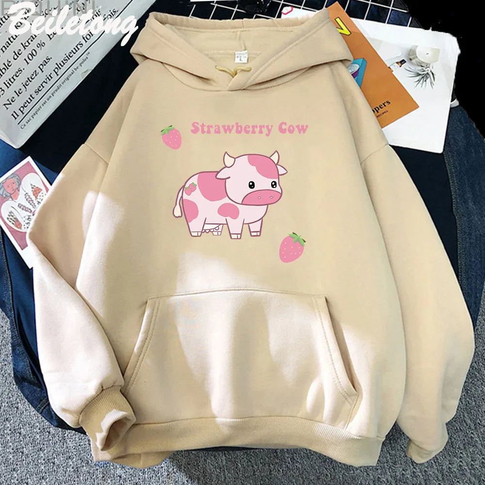 Cow And Strawberry Kawaii Women Hoodies Casual Pullover