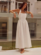 Pleated Halter Spaghetti Strap Dress Women Solid Backless
