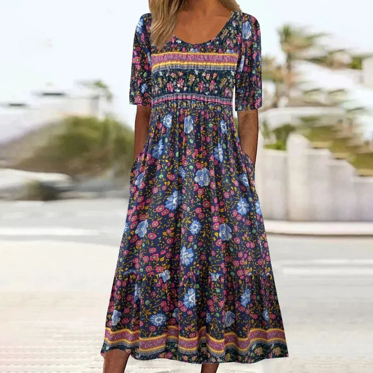 Vintage Boho Stripe Print Women Sundress Summer Fashion