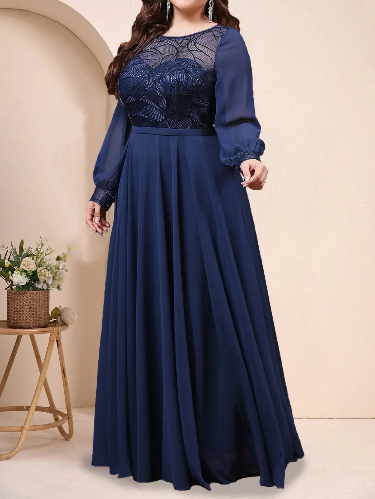 Elegant Dress Round Neck Chiffon Mesh Sequins Long