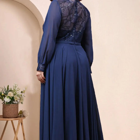 Elegant Dress Round Neck Chiffon Mesh Sequins Long