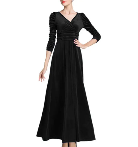 Women Clothing Long Dress Velvet Autumn V-Neck Evening