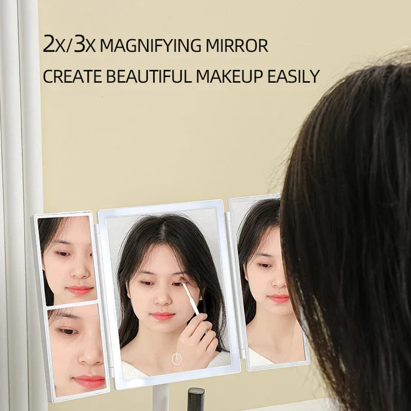 Foldable LED Makeup Mirror - 3 Light Tones, 360° Adjustable, Rechargeable