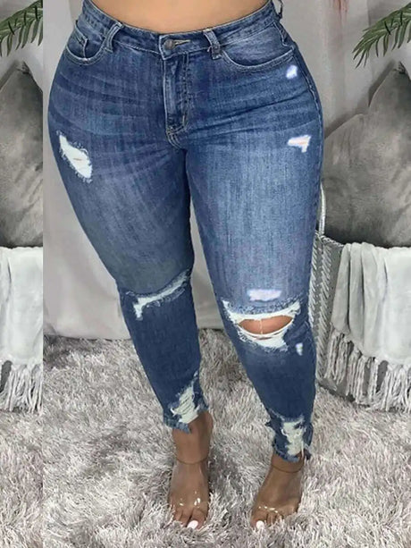 High-Waisted Ripped Jeans Zipper Fly -5Xl Street