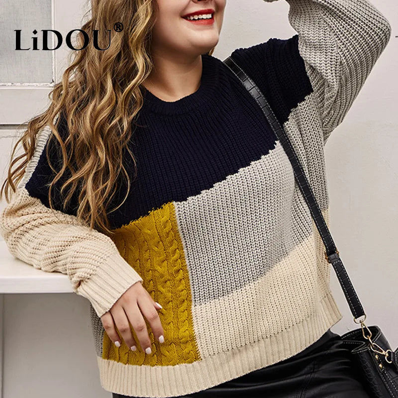 Autumn Winter Oversized Patchwork Knitting Sweater Female Casual