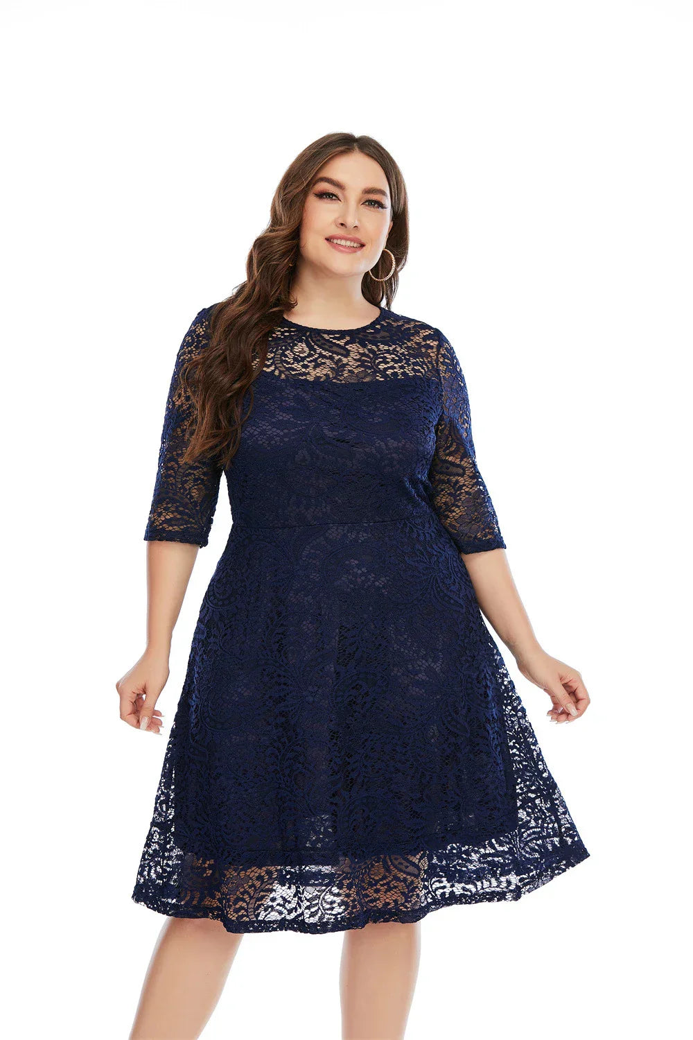 Contrast Lace Semi Sheer / Sleeve Midi Dress,