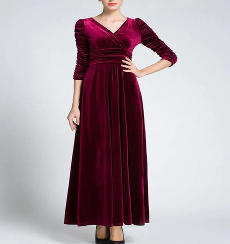 Women Clothing Long Dress Velvet Autumn V-Neck Evening