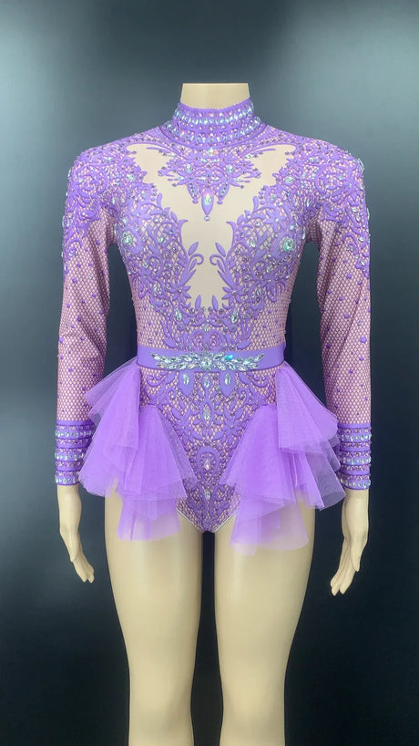 Sparkly Rhinestones Bodysuit Women Elastic Purple Mesh Ruffles