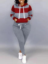 Lw Striped Drawstring Tracksuit Set Autumn Women Hoodie