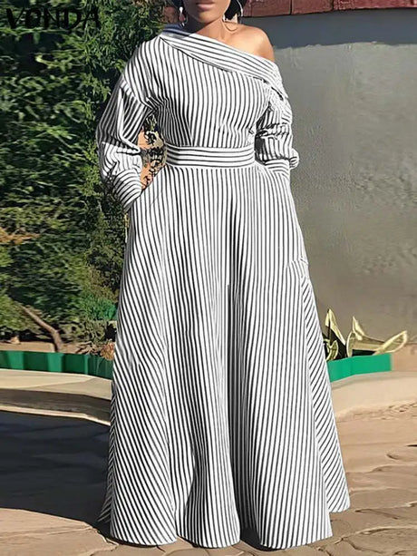 5Xl Vonda Elegant Striped Maxi Dress Bohemian Women