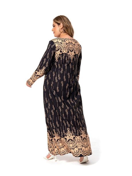 Plus Size Ethnic Print Long Dress - Spring & Summer Round Neck