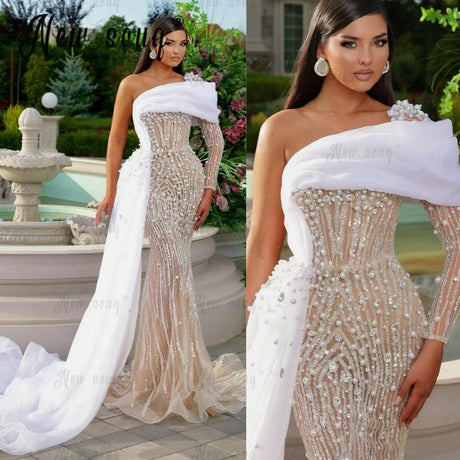 Gorgeous Pearls Beaded Party Dress Off Shoulder Side