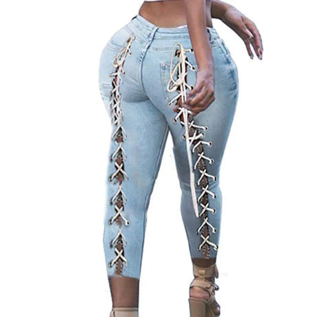 Sexy White Blue Hollow Out Denim Capris 4Xl