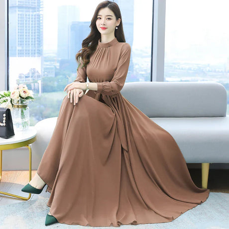 Spring Autumn Women Maxi Dresses Female Vintage Full