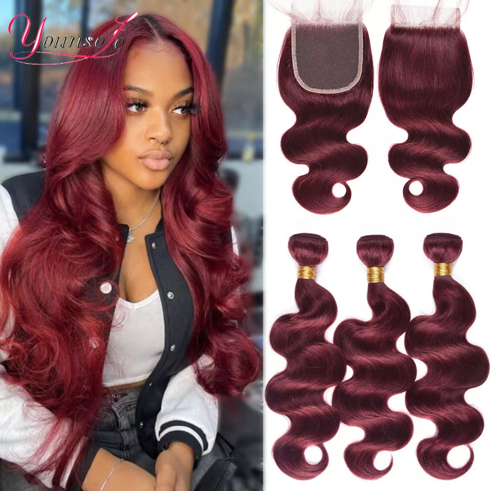 Burgundy Human Hair Bundles With Closure J Body