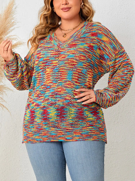 Gibsie Lantern Sleeve V Neck Rainbow Sweater Women