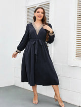 Women Dress V Neck Long Sleeves Robe Waist