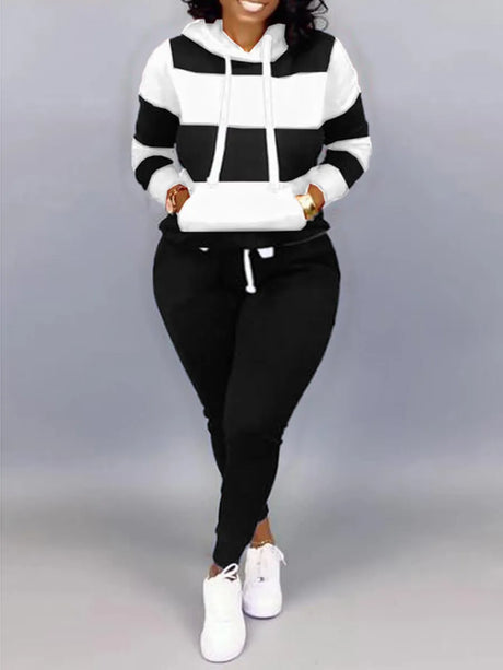 Lw Striped Drawstring Tracksuit Set Autumn Women Hoodie