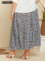 Gibsie Plus Geometric Print Pleated Maxi Long Skirts