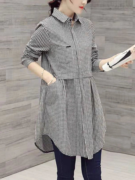 New Korean Fashion Blouses Plaid Button Solid Midi