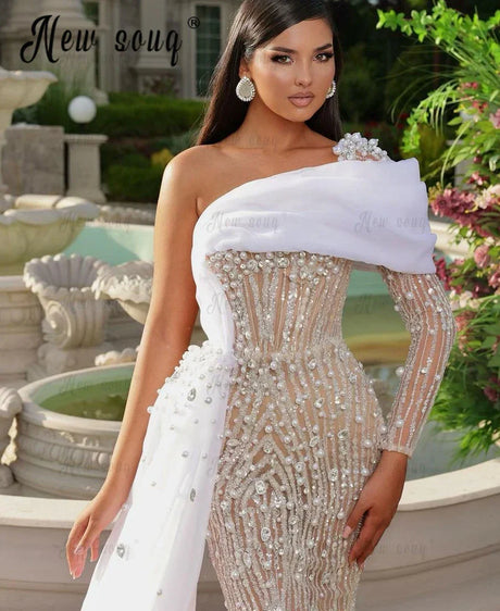 Gorgeous Pearls Beaded Party Dress Off Shoulder Side