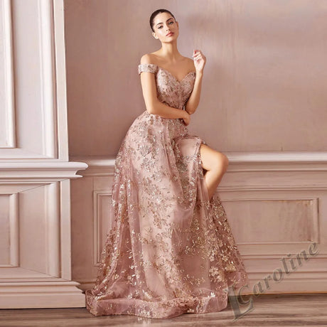 Caroline Elegant Off Shoulder Evening Dress V-Neck Glitter