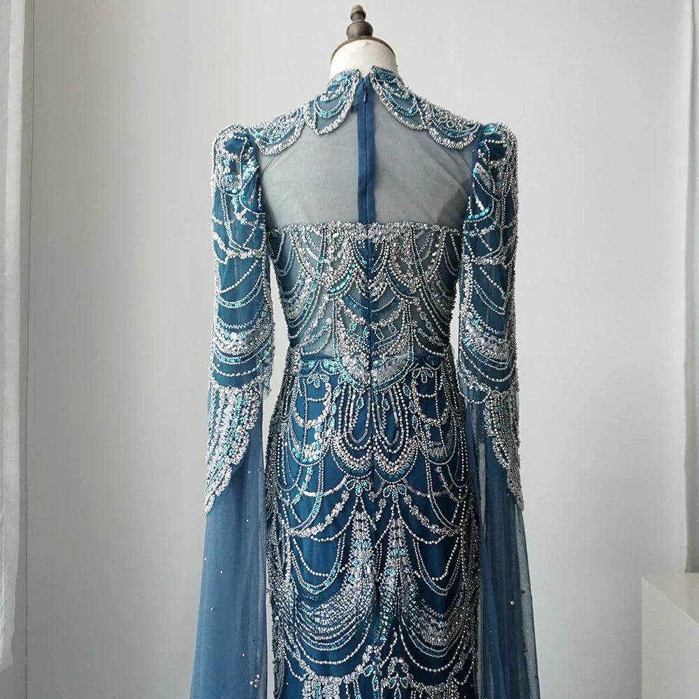 Hot Sale Arabic Blue Mermaid Lace Beaded Formal