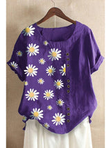 Daisy-Print Cotton Linen Shirt Casual Summer Women O-Neck